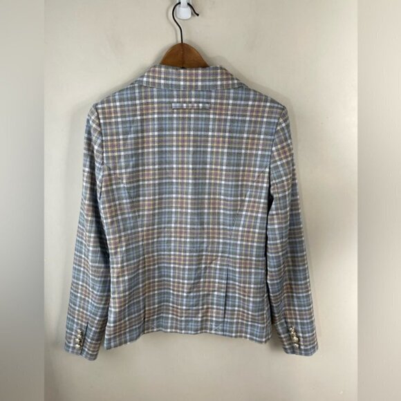 AUTRES FILLES blue/yellow Plaid unstructured gold hardware Blazer Jacket Size M - Picture 2 of 13